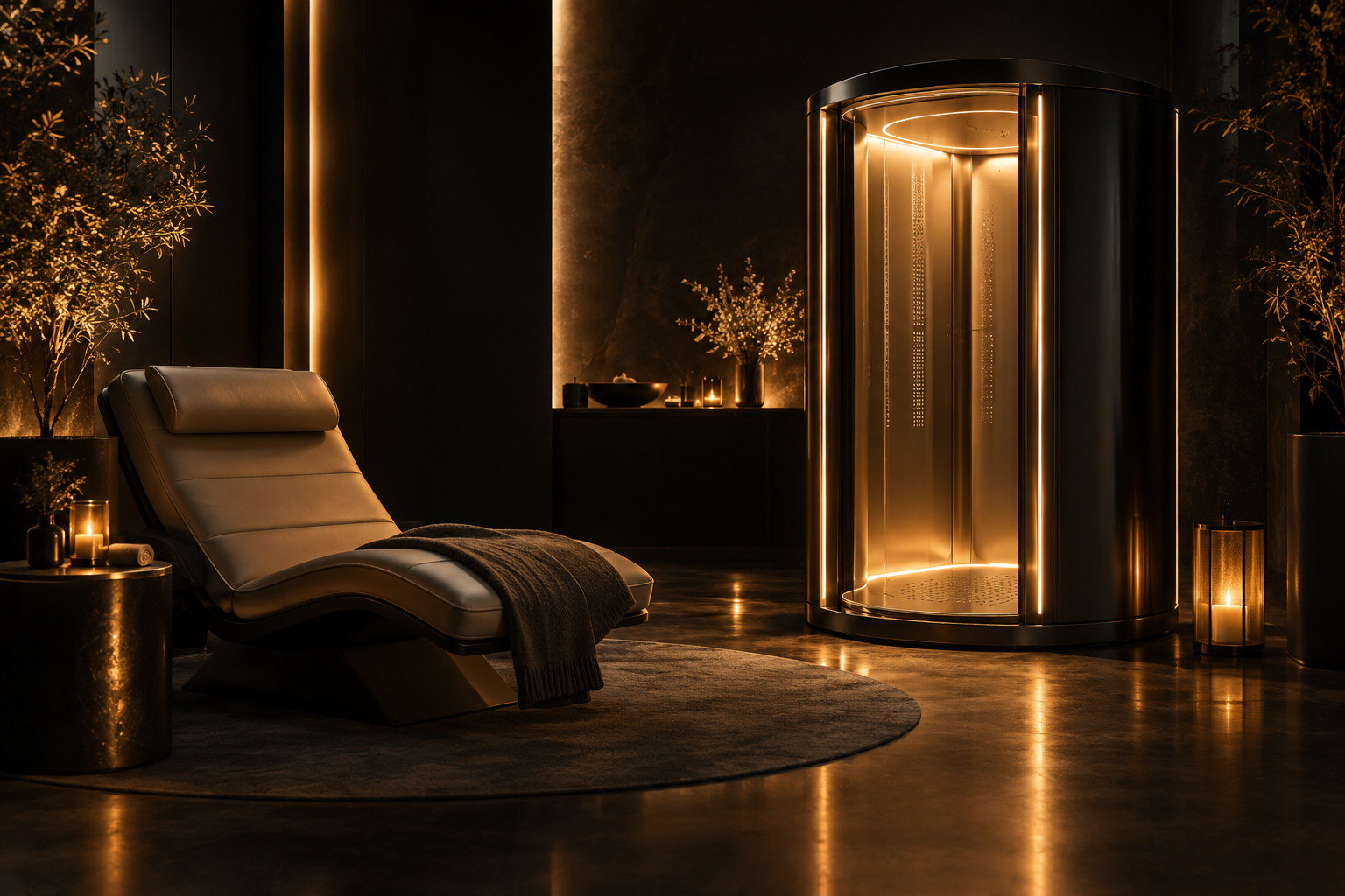 A calm recovery lounge with a reclining chair and a light therapy pod