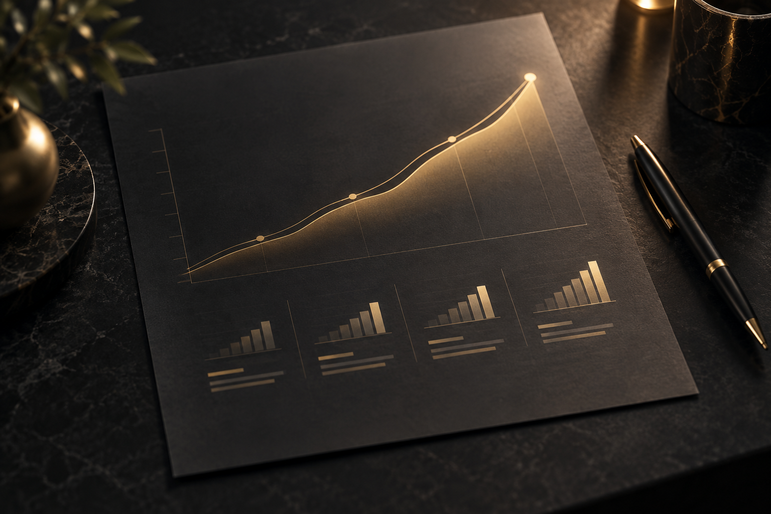 A progress report on a desk showing a rising gold trend line