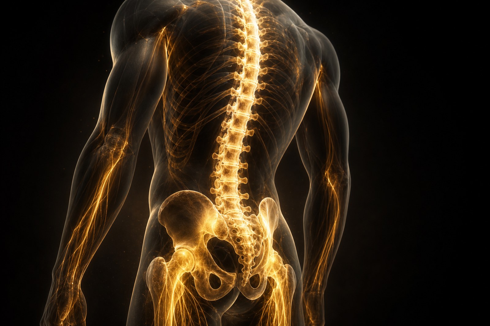 Illustration of the human spine, pelvis and surrounding muscles glowing gold as one connected system
