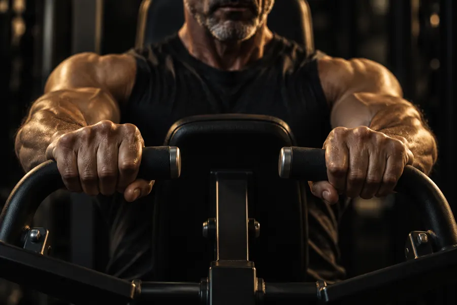A man gripping the handles of an osteogenic loading device and pressing against it